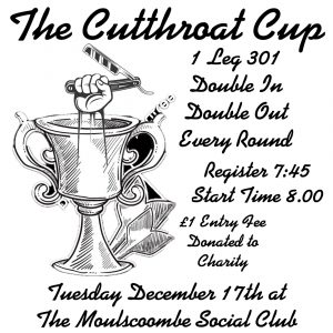 Cutthroat Cup to be played at The Moulscoombe Social Club on December 17th please register by 7:45 for a 8 o’clock start £1 entry fee with the money being donated to charity 